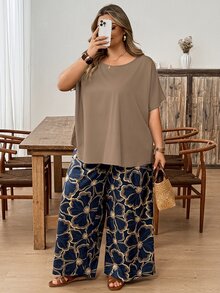 SHEIN CURVE+ 两件套加大码女士度假宽松衬衫和碎花裤套装 - 彩色 - 查看 4