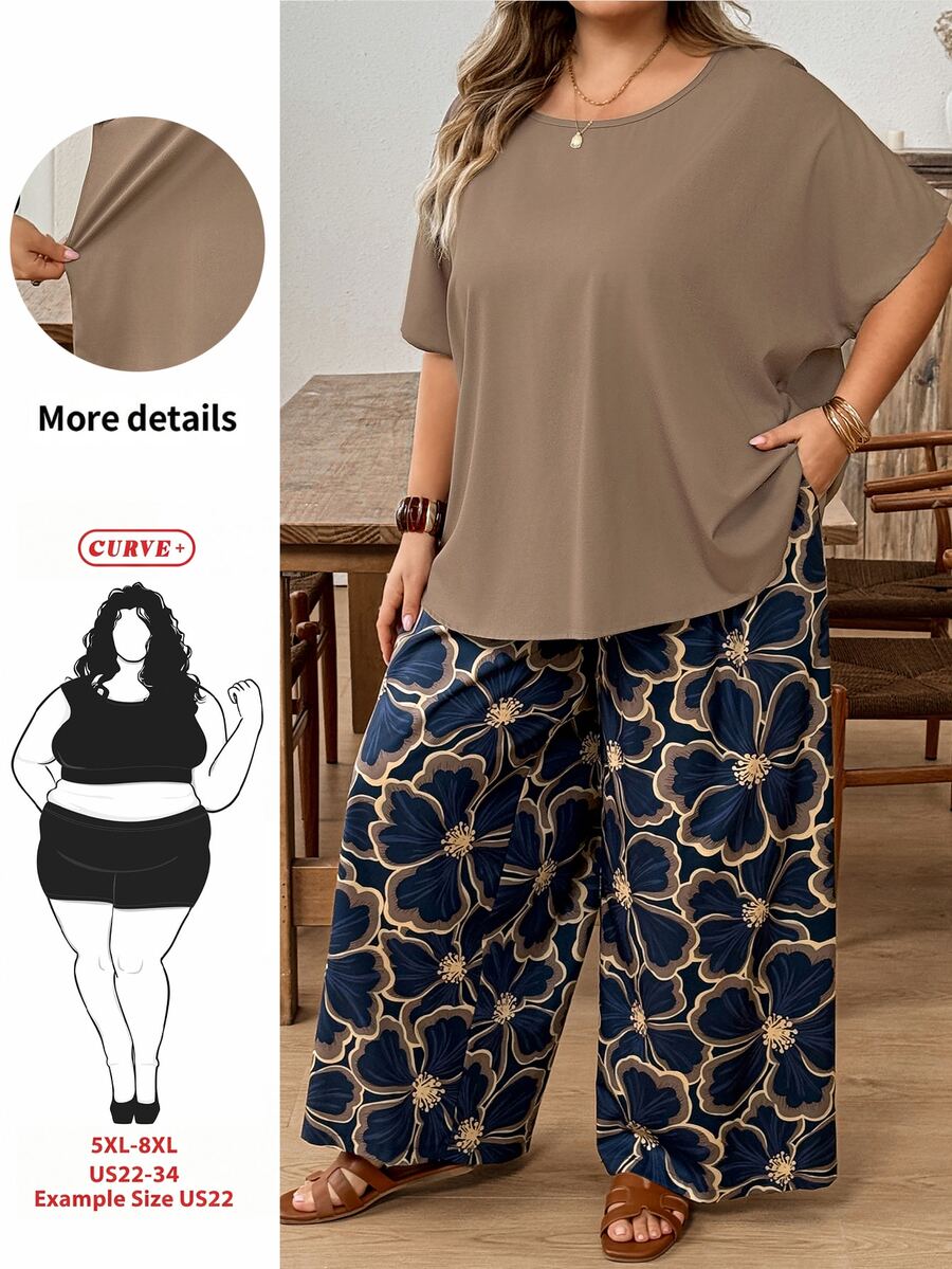 SHEIN CURVE+ 两件套加大码女士度假宽松衬衫和碎花裤套装 - 彩色 - 查看 1