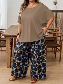 SHEIN CURVE+ 两件套加大码女士度假宽松衬衫和碎花裤套装 - 彩色 - 查看 6