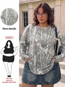 SHEIN CURVE+ Plus Size Fashion Dried Leaf Print Long Sleeve T-Shirt Streetwear Fall - Multicolor - View 1