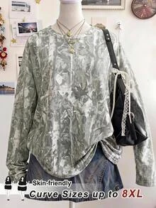 SHEIN CURVE+ Plus Size Fashion Dried Leaf Print Long Sleeve T-Shirt Streetwear Fall - Multicolor - View 4
