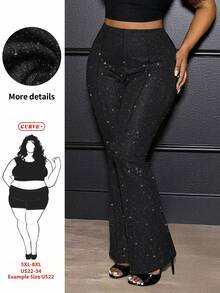 SHEIN CURVE+ بنطال نسائي أسود لامع مطاطي واسع الساق مقاس كبير، عيد الميلاد - الأسود - مشاهدة 2