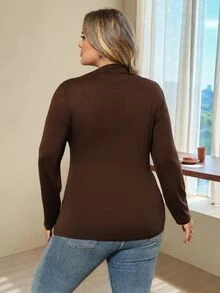 SHEIN CURVE+ 大尺碼 22W 假領抓皺修身短袖T恤 秋季款 - 棕色 - 查看 6