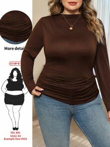 SHEIN CURVE+ 大尺碼 22W 假領抓皺修身短袖T恤 秋季款 - 棕色 - 查看 1