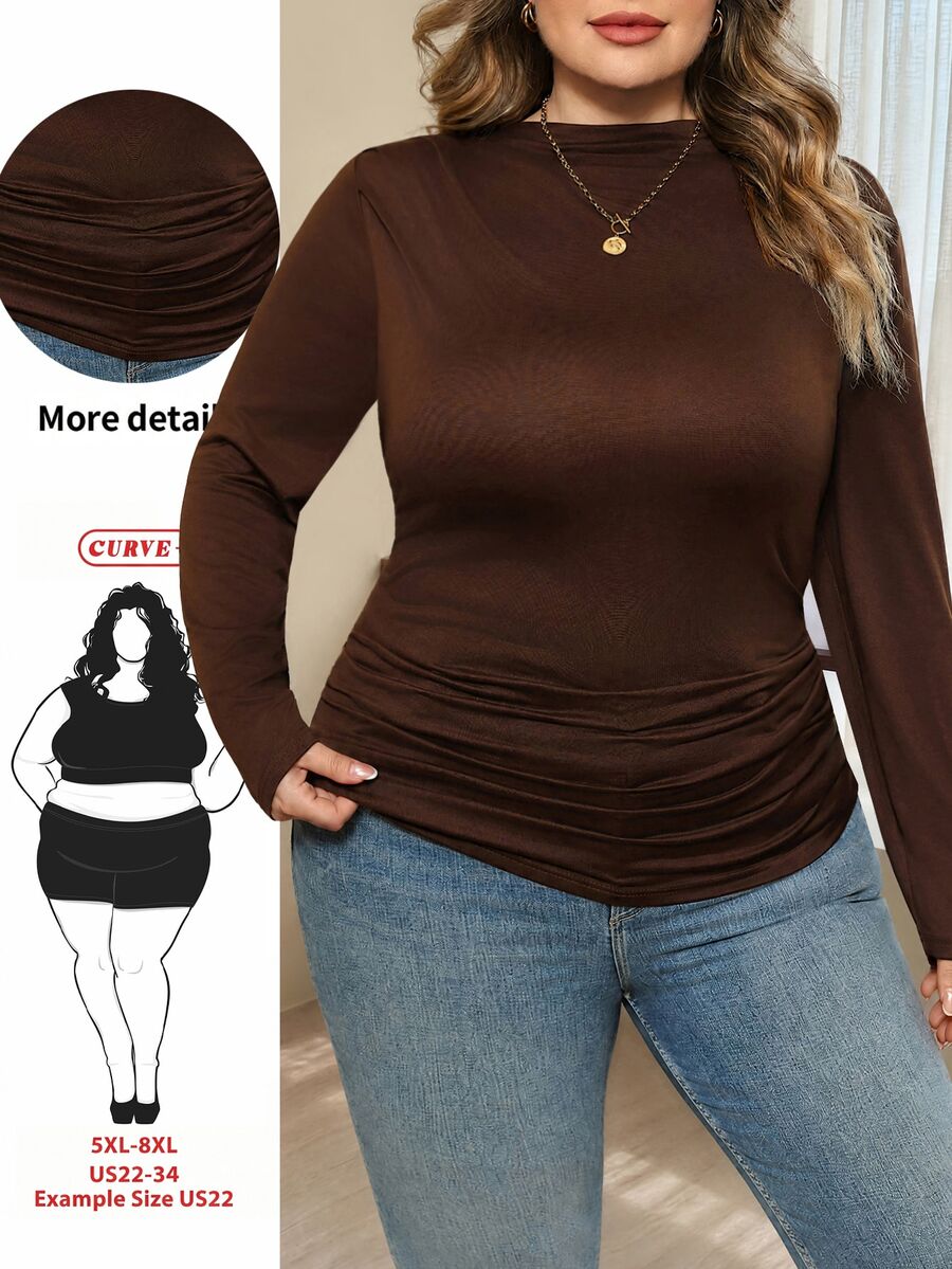 SHEIN CURVE+ 大尺碼 22W 假領抓皺修身短袖T恤 秋季款 - 棕色 - 查看 1