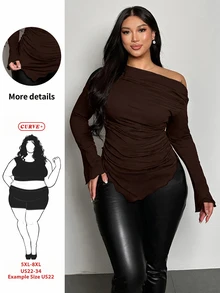 SHEIN CURVE+ 大尺碼女款棕色純色不對稱下擺抓皺肩長袖修身時尚T恤/秋冬 - 彩色 - 查看 1