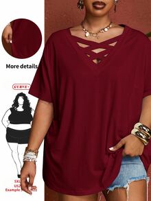 SHEIN CURVE+ Plus Size Women's Solid Fuchsia Cross V-Neck Short Sleeve T-Shirt, Summer - Burgundy - View 1