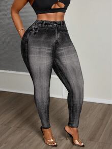 SHEIN CURVE+ Plus Size Denim Effect Leggings Music Festivals Office ...