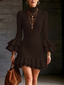 SHEIN Women's Elegant Fashion Petal Sleeve Ruffle Romantic French Style Knit Dress - Brown - View 4