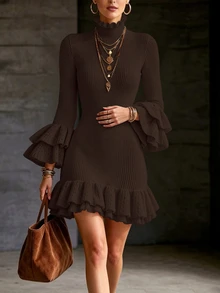 SHEIN Women's Elegant Fashion Petal Sleeve Ruffle Romantic French Style Knit Dress - Brown - View 6