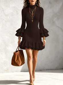 SHEIN Women's Elegant Fashion Petal Sleeve Ruffle Romantic French Style Knit Dress - Brown - View 3