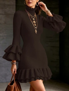SHEIN Women's Elegant Fashion Petal Sleeve Ruffle Romantic French Style Knit Dress - Brown - View 5