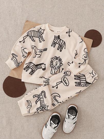Playful Pals 2pcs Young BoyCasual Animal Print Long Sleeve Sweatshirt & Pants Set, Autumn Fall Winter