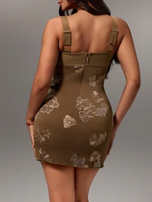 Glamine Sexy Sleeveless Spaghetti Strap Chiffon Sequin Embroidered Short Dress For Women - Coffee Brown - View 2