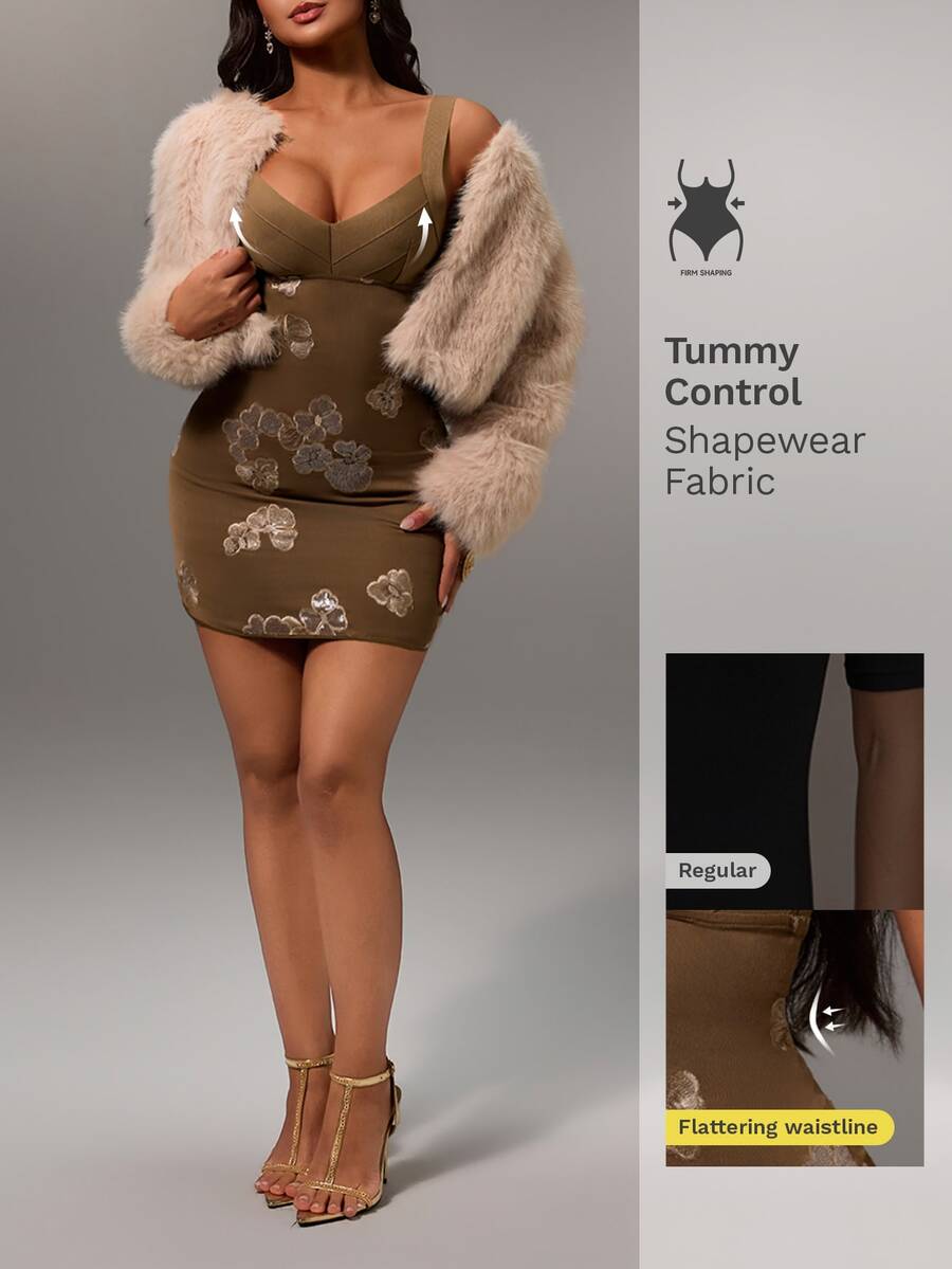 Glamine Sexy Sleeveless Spaghetti Strap Chiffon Sequin Embroidered Short Dress For Women - Coffee Brown - View 1