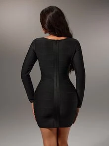 Nuvra Women's Long Sleeve V-Neck Waist-Cinching Sexy Fashion Party Mini Dress For Spring And Autumn - Black - View 2