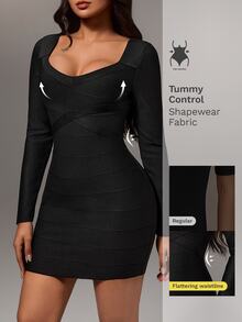 Nuvra Women's Long Sleeve V-Neck Waist-Cinching Sexy Fashion Party Mini Dress For Spring And Autumn - Black - View 1