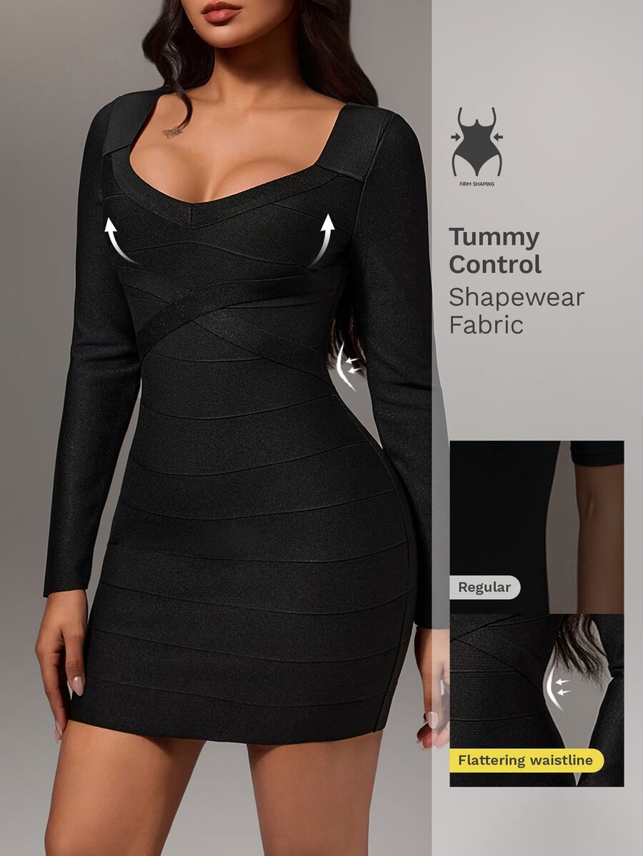 Nuvra Women's Long Sleeve V-Neck Waist-Cinching Sexy Fashion Party Mini Dress For Spring And Autumn - Black - View 1