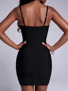 Nuvra Sexy Square Neck Hollow Out Spaghetti Strap Party Bodycon Dress - Black - View 2
