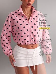 SHEIN Glamour Women's Short Casual Loose Pink Polka Dot Zip-Up Sports Jacket - Pink - View 1