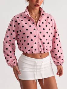 SHEIN Glamour Women's Short Casual Loose Pink Polka Dot Zip-Up Sports Jacket - Pink - View 6