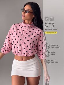 SHEIN Glamour Women's Short Casual Loose Pink Polka Dot Zip-Up Sports Jacket - Pink - View 3