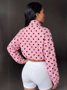 SHEIN Glamour Women's Short Casual Loose Pink Polka Dot Zip-Up Sports Jacket - Pink - View 2