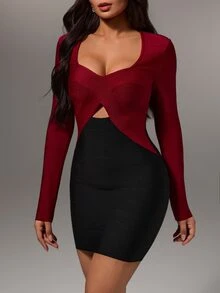 Nuvra Burgundy & Black Color Block Fitted Bodycon Long Sleeve Mini Dress - Multicolor - View 8