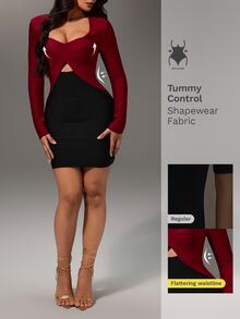 Nuvra Burgundy & Black Color Block Fitted Bodycon Long Sleeve Mini Dress - Multicolor - View 3
