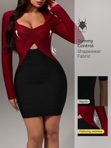 Nuvra Burgundy & Black Color Block Fitted Bodycon Long Sleeve Mini Dress - Multicolor - View 1