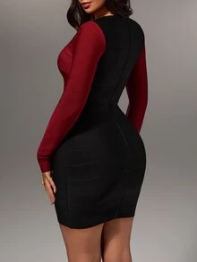 Nuvra Burgundy & Black Color Block Fitted Bodycon Long Sleeve Mini Dress - Multicolor - View 2
