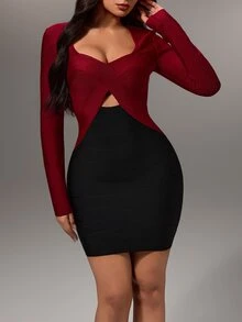 Nuvra Burgundy & Black Color Block Fitted Bodycon Long Sleeve Mini Dress - Multicolor - View 7