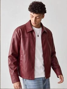 Vientiro 男士純色PU皮革拉鍊休閒百搭日常旅行長袖夾克 - 酒紅色 - 查看 3