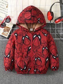 SHEIN 男嬰幼兒秋冬保暖內裡加厚可愛卡通圖案連帽夾克外套，嬰兒冬裝外套，填充外套，絎縫外套，抓絨，加厚 - 紅色 - 查看 3