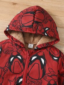 SHEIN 男嬰幼兒秋冬保暖內裡加厚可愛卡通圖案連帽夾克外套，嬰兒冬裝外套，填充外套，絎縫外套，抓絨，加厚 - 紅色 - 查看 6