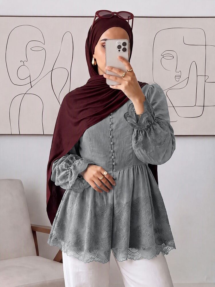 Solavon Women's Solid Color Round Neck Button Design Ruffle Hem Blouse - Grey - View 4