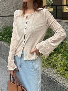 FRIFUL Women's Comfortable Single-Breasted Frill Trim T-Shirt For Vacation Fall - Apricot - View 5