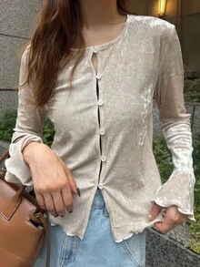 FRIFUL Women's Comfortable Single-Breasted Frill Trim T-Shirt For Vacation Fall - Apricot - View 7