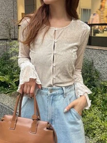 FRIFUL Women's Comfortable Single-Breasted Frill Trim T-Shirt For Vacation Fall - Apricot - View 6