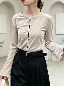 FRIFUL Women's Comfortable Single-Breasted Frill Trim T-Shirt For Vacation Fall - Apricot - View 1