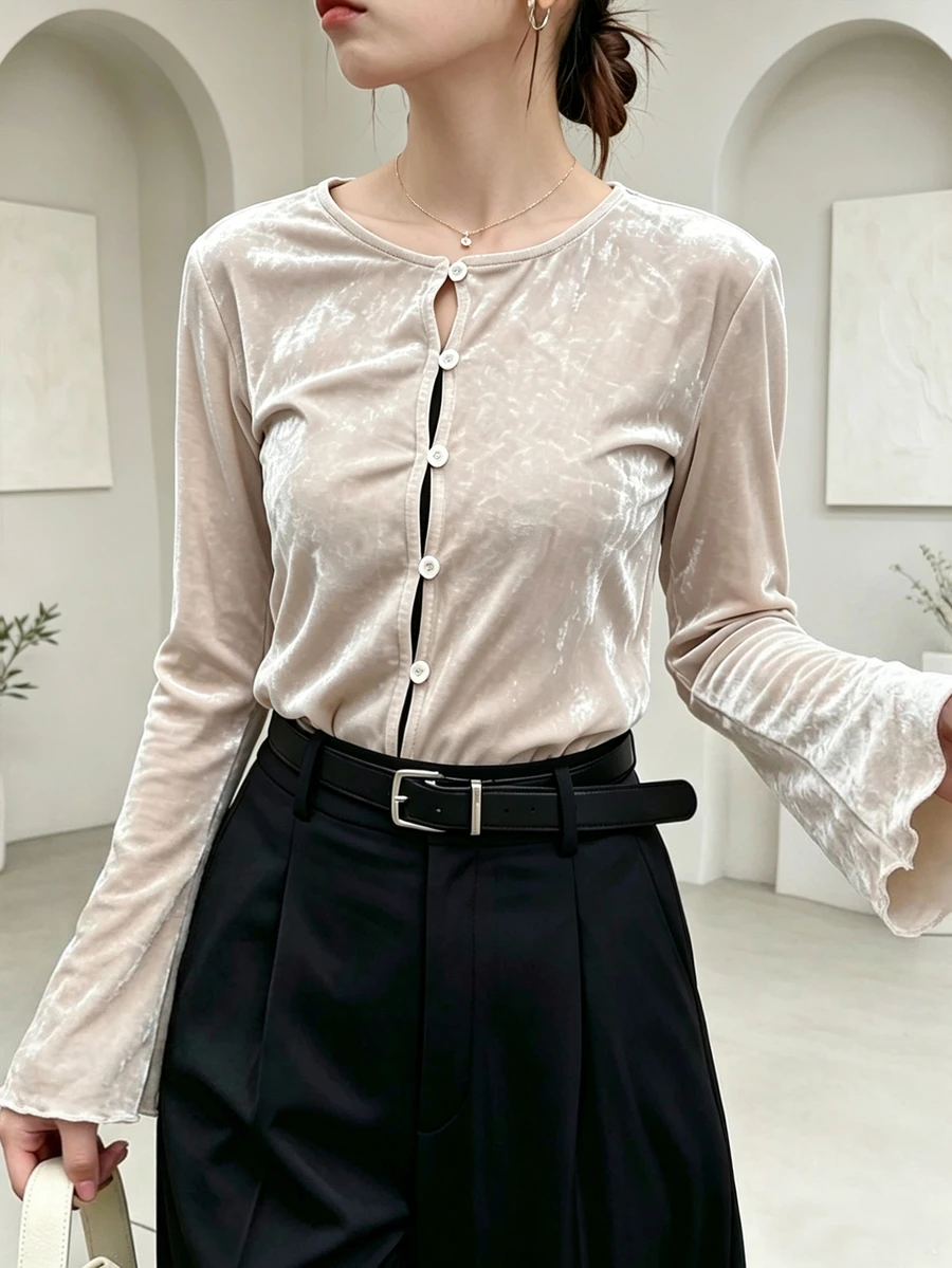 FRIFUL Women's Comfortable Single-Breasted Frill Trim T-Shirt For Vacation Fall - Apricot - View 1