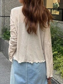 FRIFUL Women's Comfortable Single-Breasted Frill Trim T-Shirt For Vacation Fall - Apricot - View 2