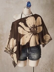 SHEIN ICON Plus Size Women's Asymmetrical Neckline Batwing Sleeve Loose Top With Holiday Floral Print - Multicolor - View 5