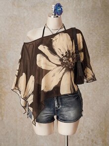 SHEIN ICON Plus Size Women's Asymmetrical Neckline Batwing Sleeve Loose Top With Holiday Floral Print - Multicolor - View 2