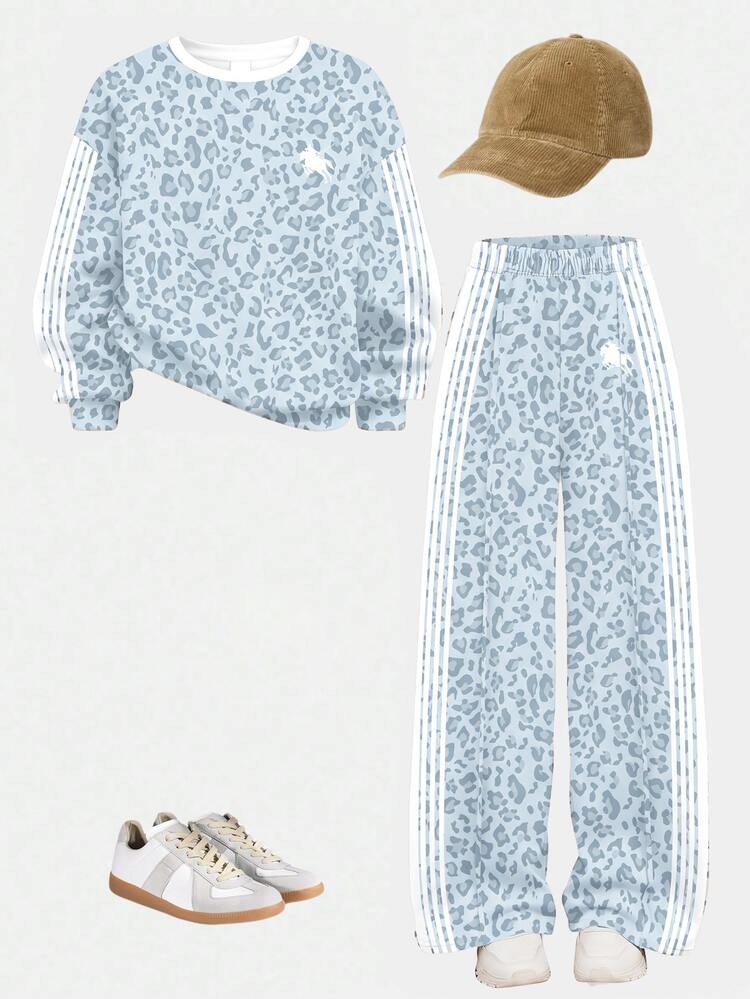 Vintage Fashion Leopard Print Light Blue & White Striped Tween Girl Casual Loose Soft Thick Dropped Shoulder Long Sleeve Crew Neck Pullover Sweatshirt & Wide Leg Sweatpants Set, Suitable For Autumn/Winter Daily, Street, Outdoor, Sports, Campus, Back To School - Multicolor - View 11