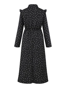 SHEIN Autumn New Elegant Maternity Printed Dress, Long Sleeve, Ruffle Collar, Waist-Cinching, Suitable For Daily Wear, Shopping, Commuting, Versatile - Black - View 3