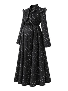 SHEIN Autumn New Elegant Maternity Printed Dress, Long Sleeve, Ruffle Collar, Waist-Cinching, Suitable For Daily Wear, Shopping, Commuting, Versatile - Black - View 9