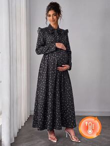 SHEIN Autumn New Elegant Maternity Printed Dress, Long Sleeve, Ruffle Collar, Waist-Cinching, Suitable For Daily Wear, Shopping, Commuting, Versatile - Black - View 13