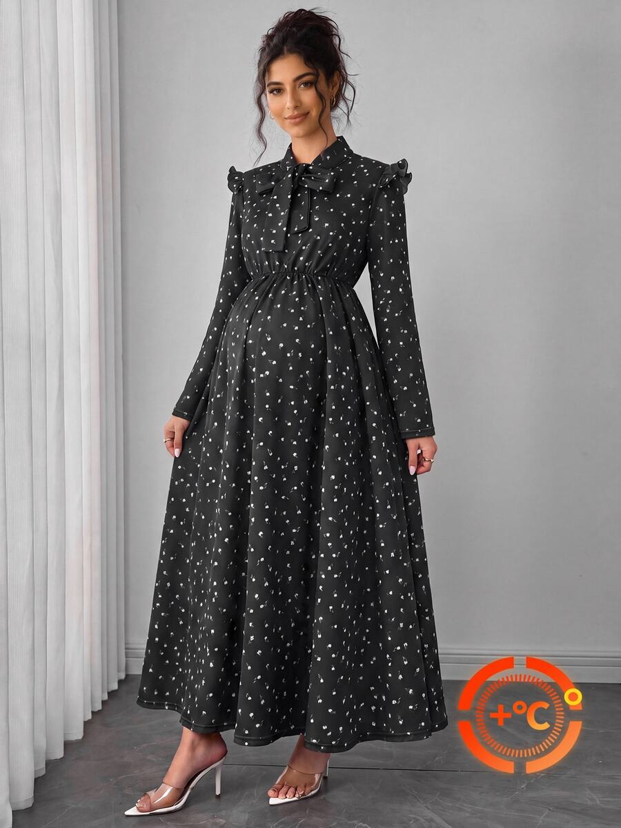 SHEIN Autumn New Elegant Maternity Printed Dress, Long Sleeve, Ruffle Collar, Waist-Cinching, Suitable For Daily Wear, Shopping, Commuting, Versatile - Black - View 1