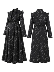 SHEIN Autumn New Elegant Maternity Printed Dress, Long Sleeve, Ruffle Collar, Waist-Cinching, Suitable For Daily Wear, Shopping, Commuting, Versatile - Black - View 7